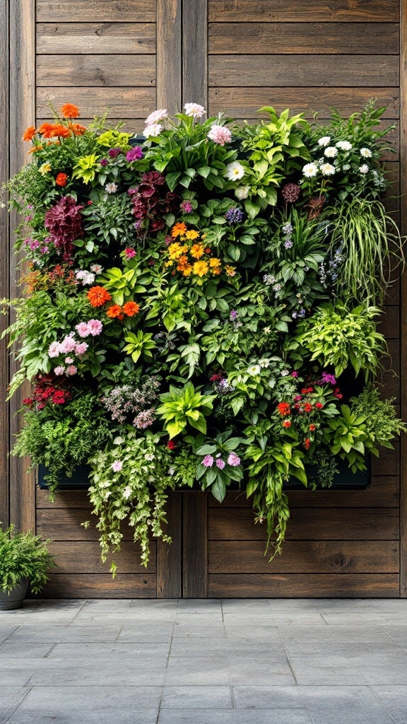 A vertical garden with colorful flowers and lush greenery on a wooden wall.