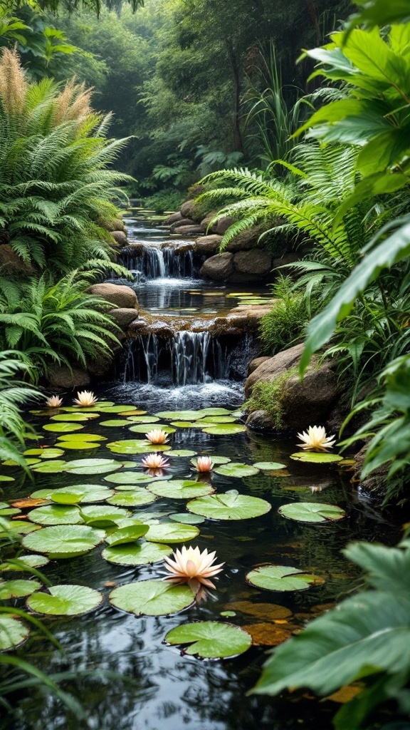 A tranquil pond with waterfalls surrounded by lush greenery and water lilies.
