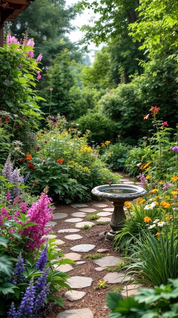 A vibrant garden with colorful flowers, a stone pathway, and a birdbath.