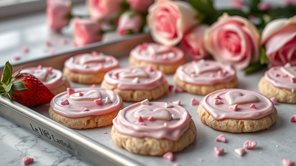 A tray of pink frosted cookies with heart decorations, surrounded by pink roses and a strawberry.