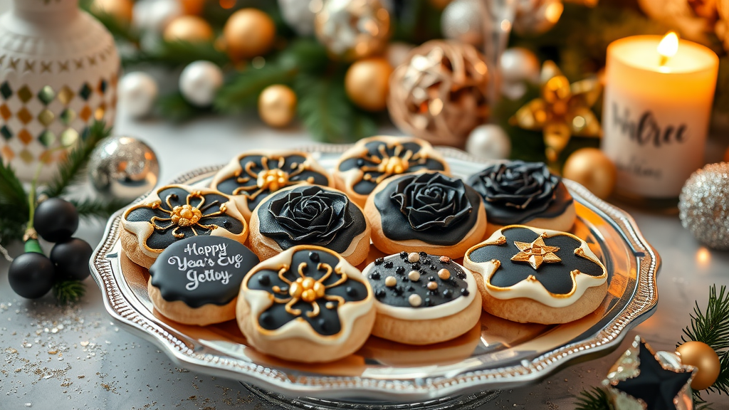 A silver platter filled with black and gold cookies, featuring star shapes, roses, and festive decorations, set against a backdrop of holiday decor.