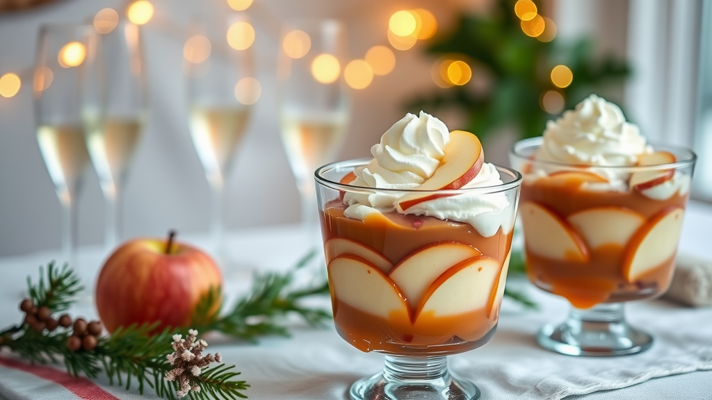 Two caramel apple trifles with whipped cream and apple slices, in front of champagne flutes and holiday decor.