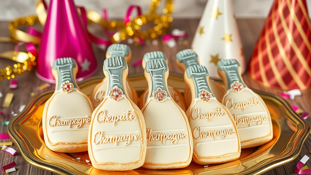 Decoratively iced cookies shaped like champagne bottles on a festive plate