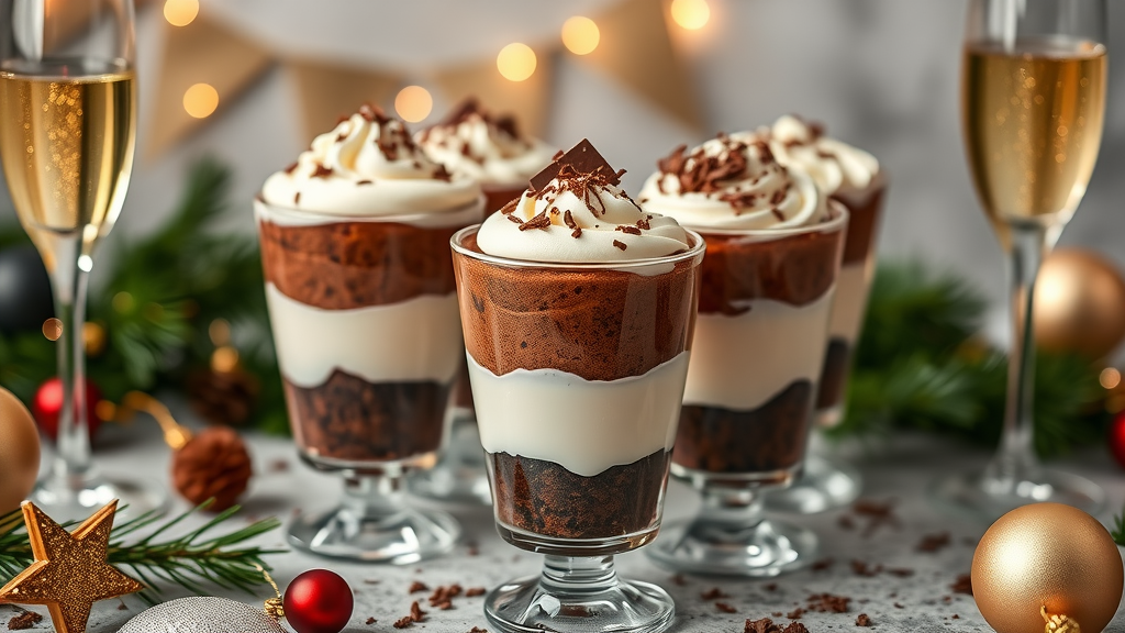 Champagne brownie mousse shooters in glasses with festive decorations