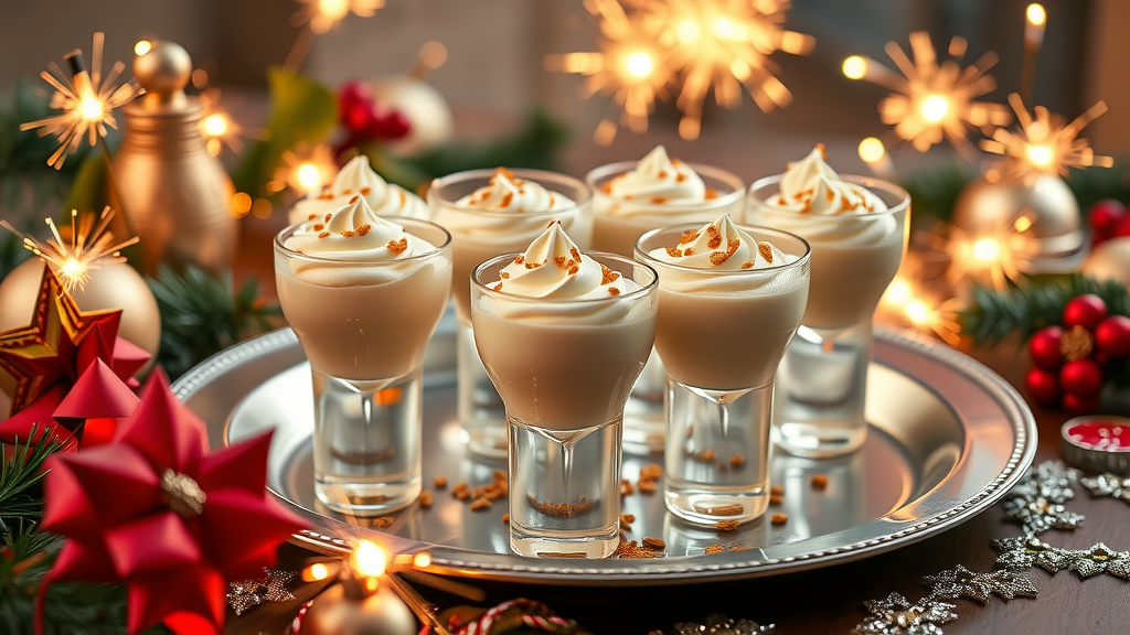 Champagne Chantilly Shooters on a festive tray surrounded by holiday decorations