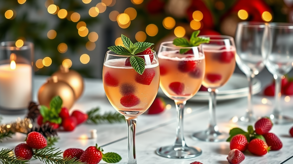 Champagne gelée in elegant glasses with raspberries and mint, festive background.