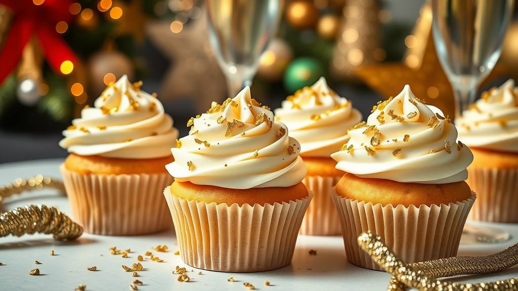Five champagne infused cupcakes with swirled frosting and golden sprinkles, decorated for New Year's Eve celebration.