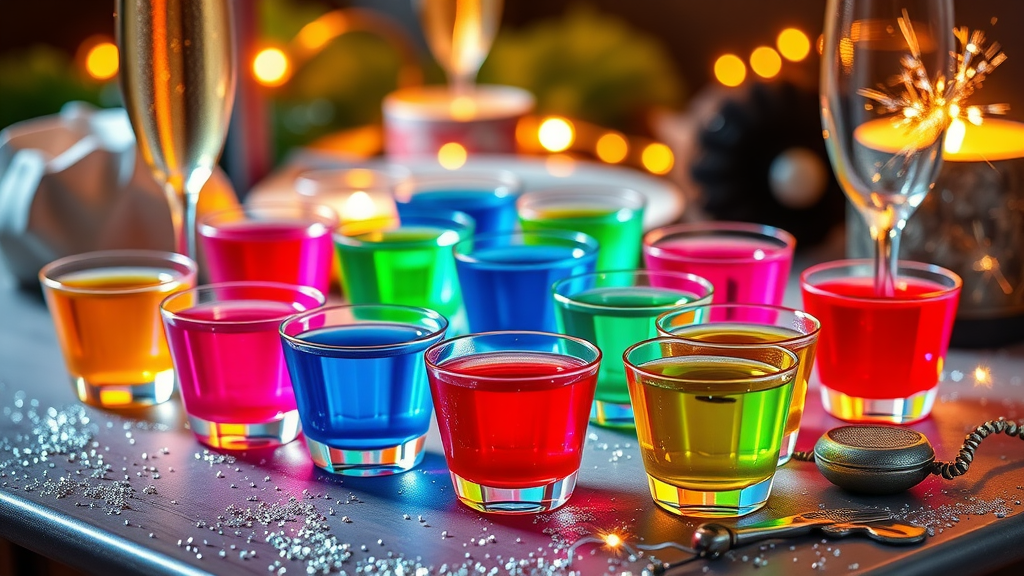 Colorful champagne jello shots on a table, ready for New Year's Eve celebration.