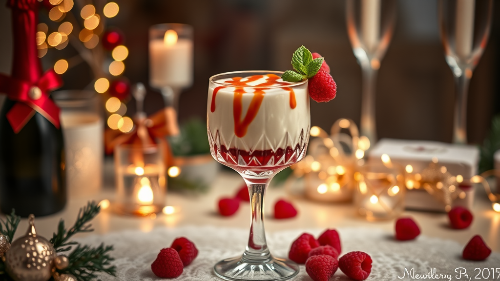 A glass of champagne mousse topped with raspberry coulis and garnished with a raspberry and mint leaf, surrounded by festive decorations.