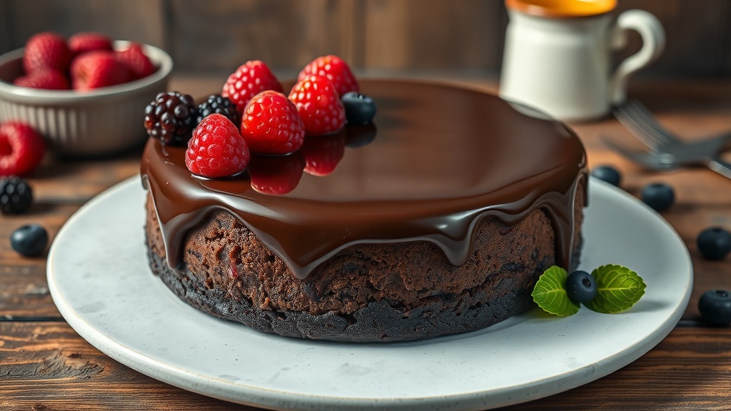 A decadent Chocolate Brownie Basque Cheesecake topped with fresh raspberries, blackberries, and a glossy ganache.