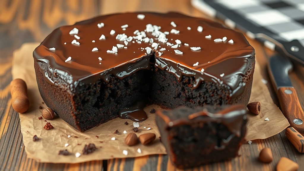A rich chocolate brownie cake topped with chocolate ganache and sea salt flakes.