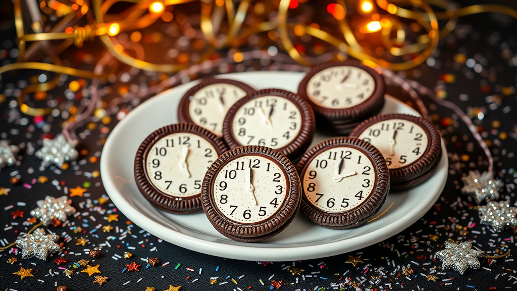 A plate of chocolate covered Oreo cookies designed as clocks, surrounded by festive decorations