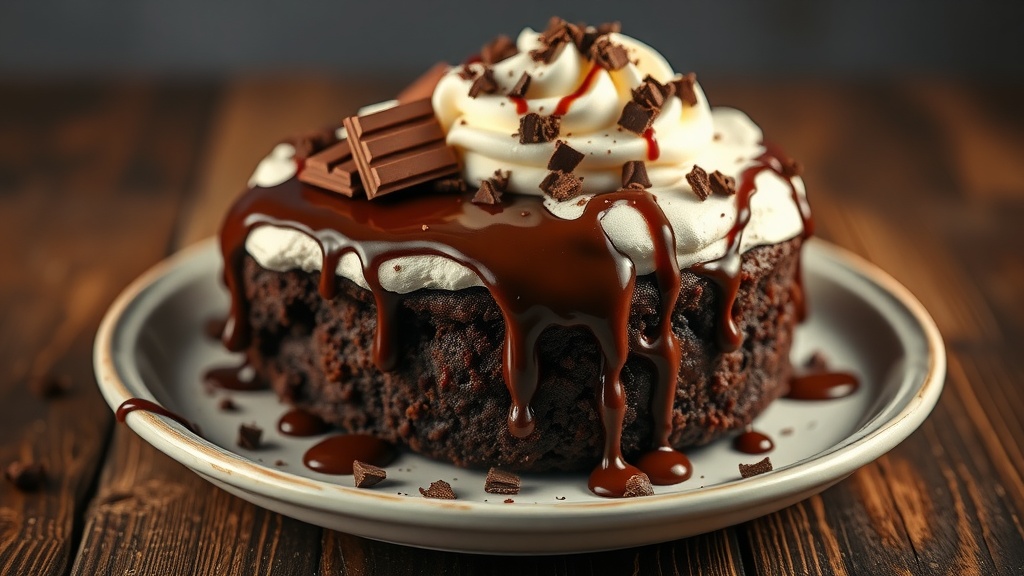 A slice of decadent chocolate poke cake topped with whipped cream, chocolate sauce, and chocolate chunks.