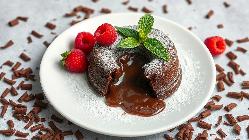 A molten chocolate lava cake with a gooey center, garnished with raspberries and mint on a white plate.