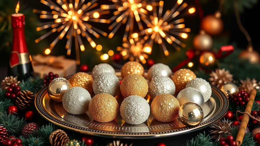 A festive display of glittering champagne truffles on a decorative platter, surrounded by holiday decorations.