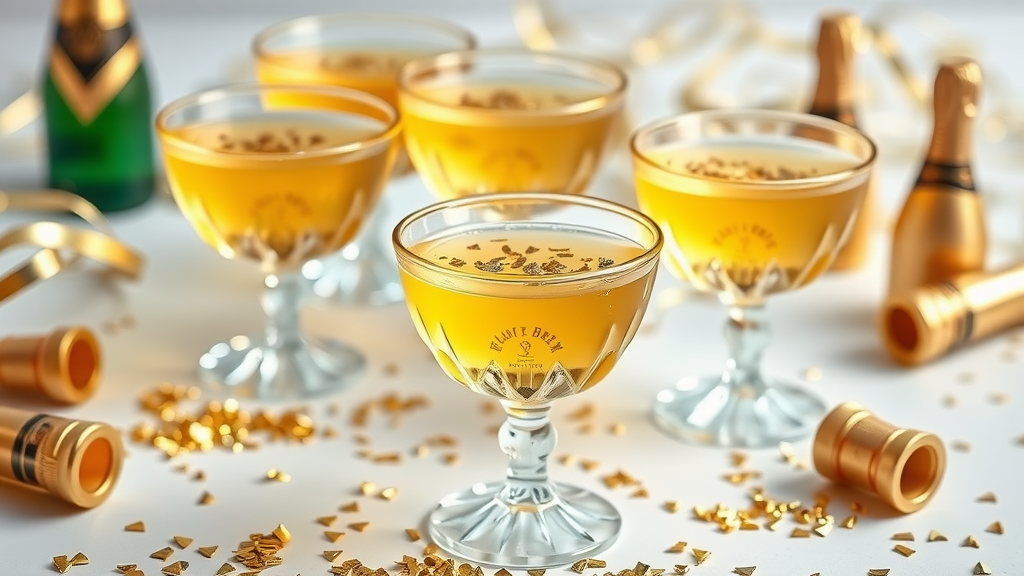 Golden jello shots in elegant glasses surrounded by festive decorations
