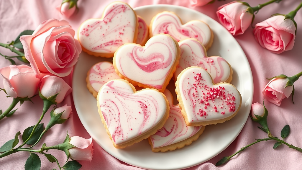 Heart-shaped marbled sugar cookies decorated with pink icing and sprinkles, surrounded by pink roses.