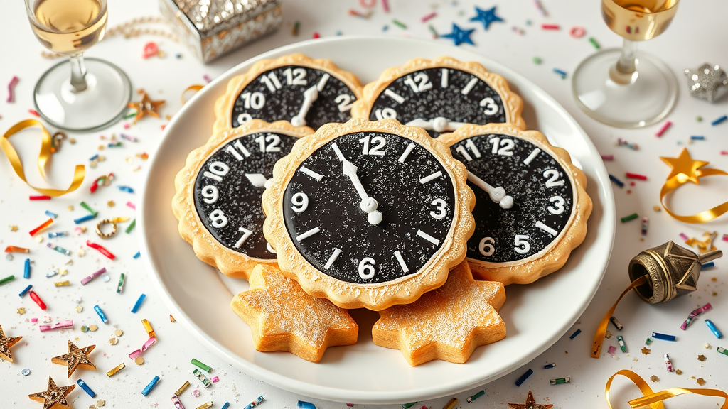 A plate of Midnight Clock Sugar Cookies decorated with black icing, surrounded by gold stars and confetti.