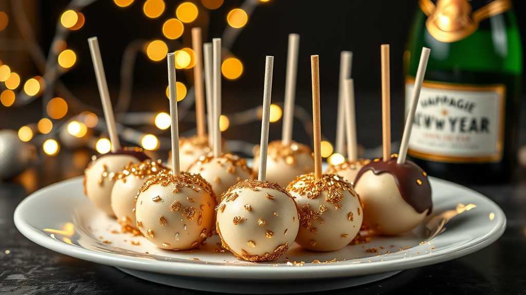 Plate of champagne cake balls decorated with golden sprinkles and a bottle of champagne in the background.