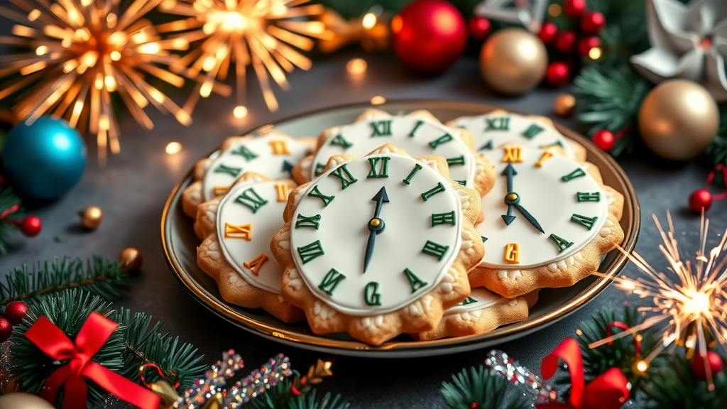 A plate of decorated clock-shaped cookies with Roman numerals, surrounded by festive decorations for New Year's Eve.