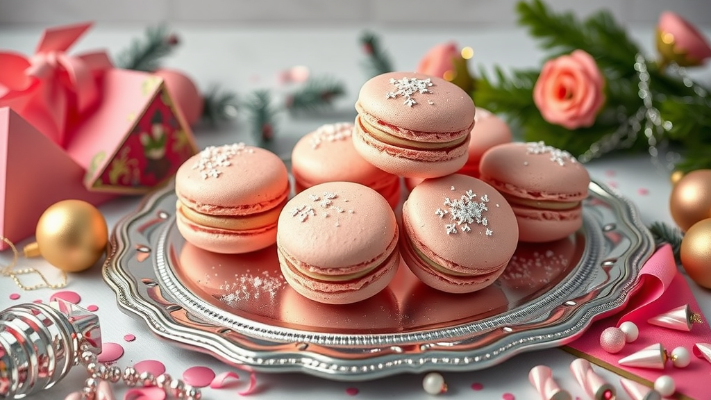 A plate of pink champagne macarons decorated with snowflakes, surrounded by festive decorations.