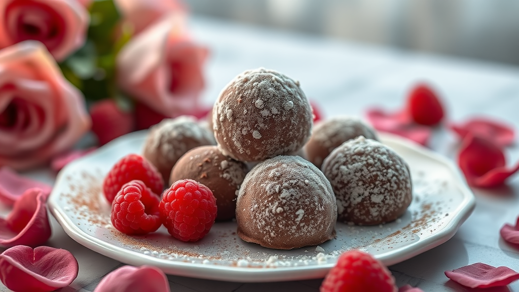 Plate of raspberry truffles with fresh raspberries and rose petals