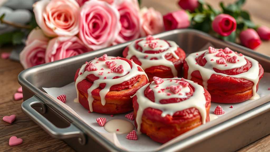 A tray of red velvet cinnamon rolls topped with cream cheese icing and heart-shaped sprinkles, with roses in the background.