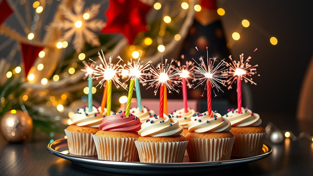A plate of sparkler topped cupcakes with colorful frosting and sprinkles, set against a festive background.