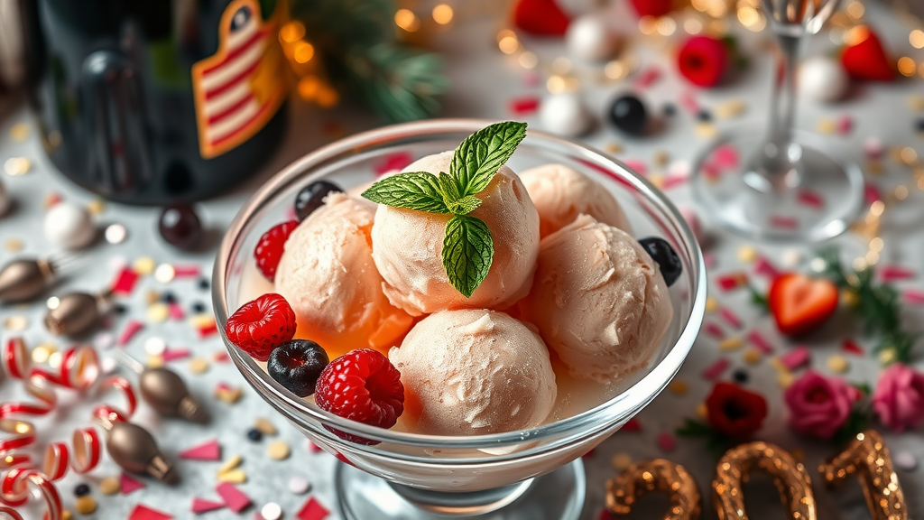 Bowl of sparkling champagne sorbet topped with fresh berries and mint, set against a festive New Year’s Eve background