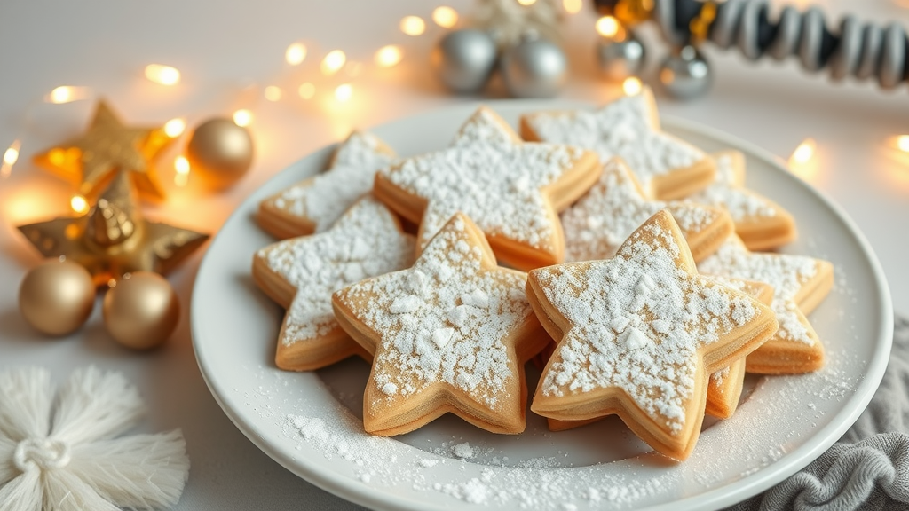 A plate of sparkling star-shaped shortbread cookies dusted with powdered sugar, surrounded by festive decorations.