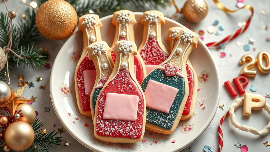 Decorated cookies shaped like sparkling wine bottles, featuring red and green icing with festive details
