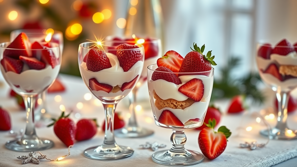 Delicious strawberry champagne trifles in elegant glasses, decorated with fresh strawberries and a festive background.