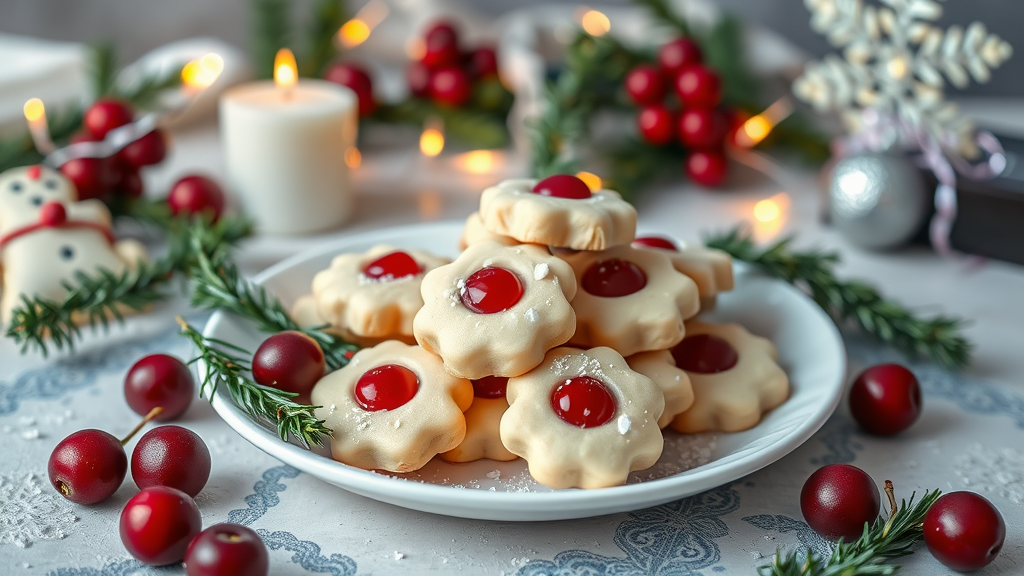 Plate of White Chocolate-Cherry Shortbread cookies decorated for New Year's Eve