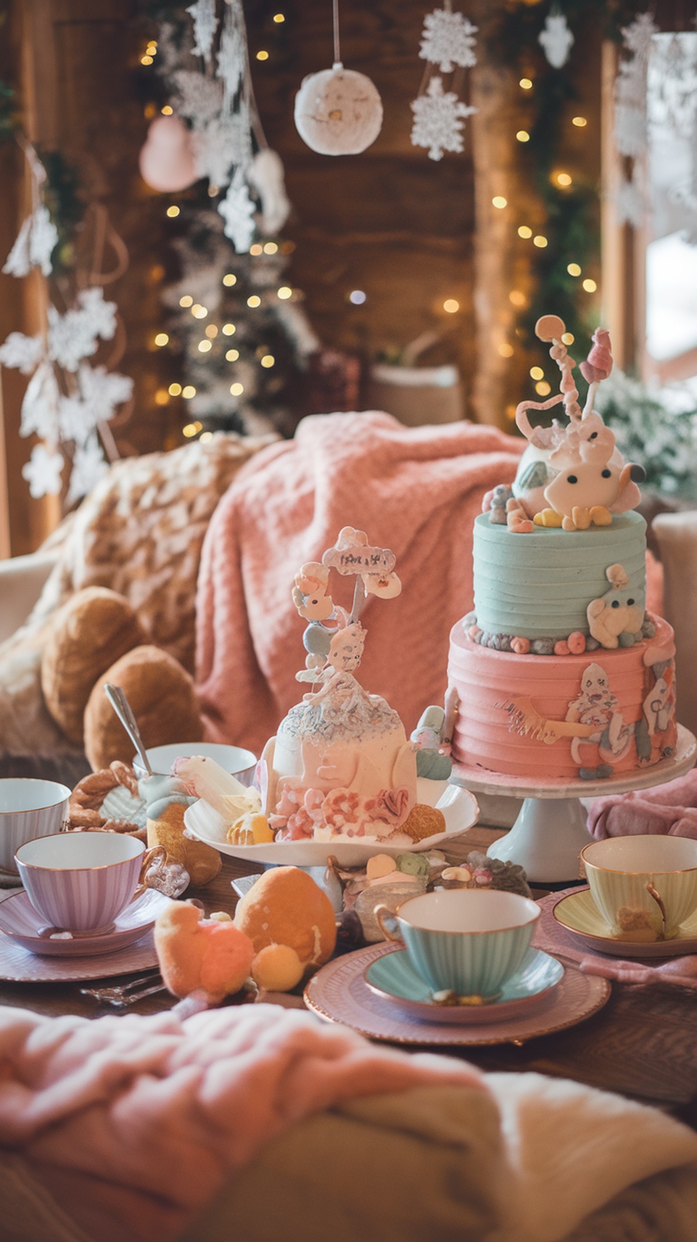 A beautifully arranged tea party table with pastel-colored cakes, cookies, and tea cups, surrounded by cozy decor.