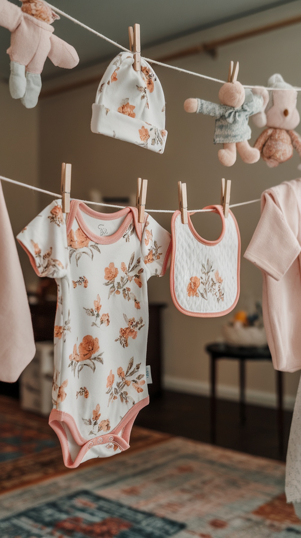 Display of floral baby clothes including onesies, bibs, and hats hanging on a line.