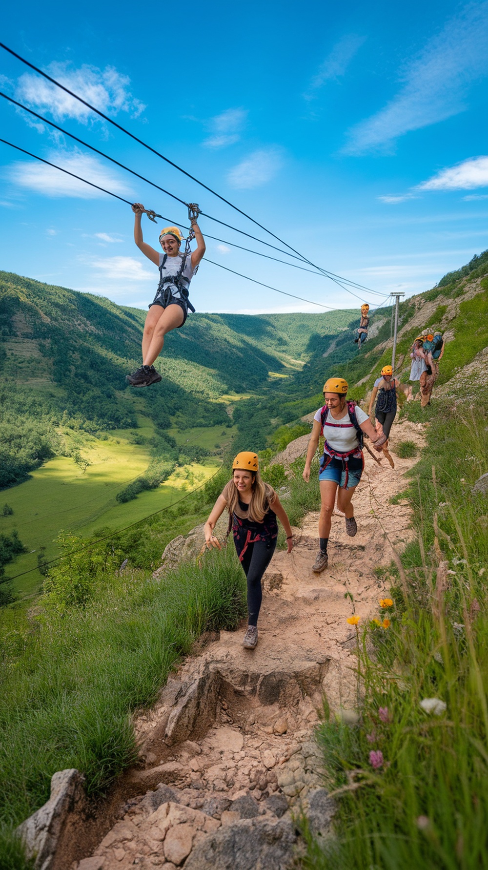 Group of women enjoying an outdoor adventure, zip-lining and hiking in a scenic landscape.