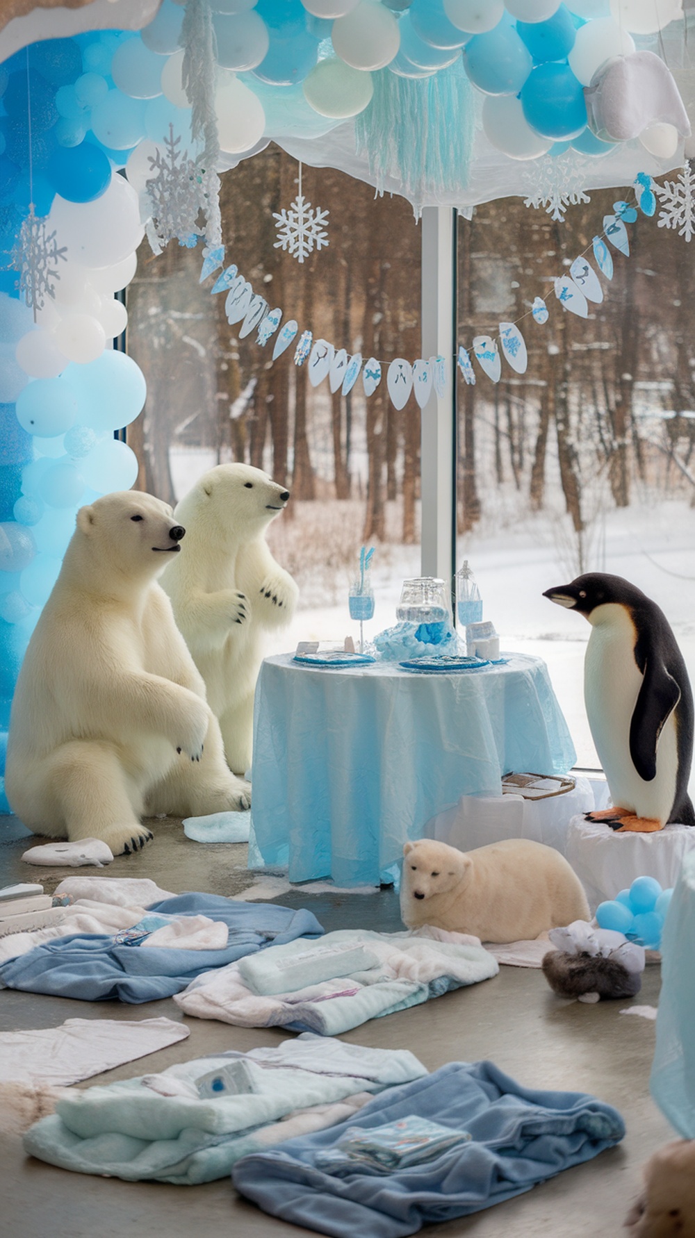 A baby shower setup featuring Arctic animals like polar bears and penguins, decorated in soft blue and white colors.