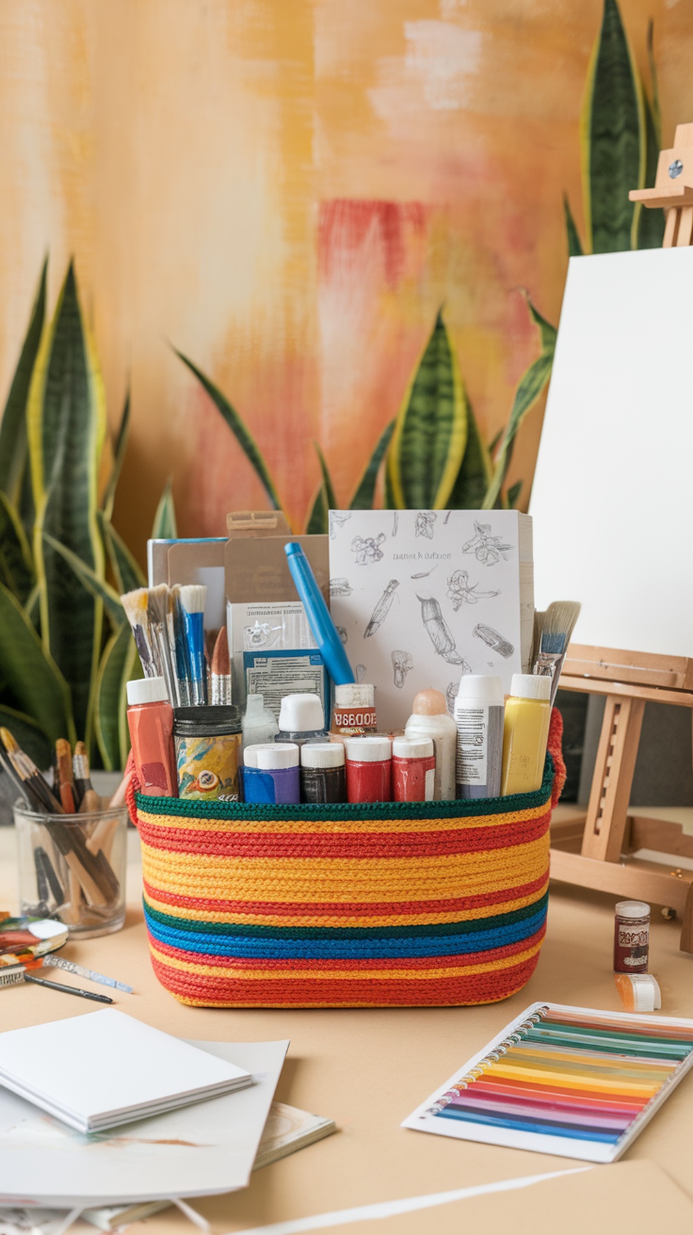 A colorful basket filled with various art supplies including paints, brushes, and sketchbooks.