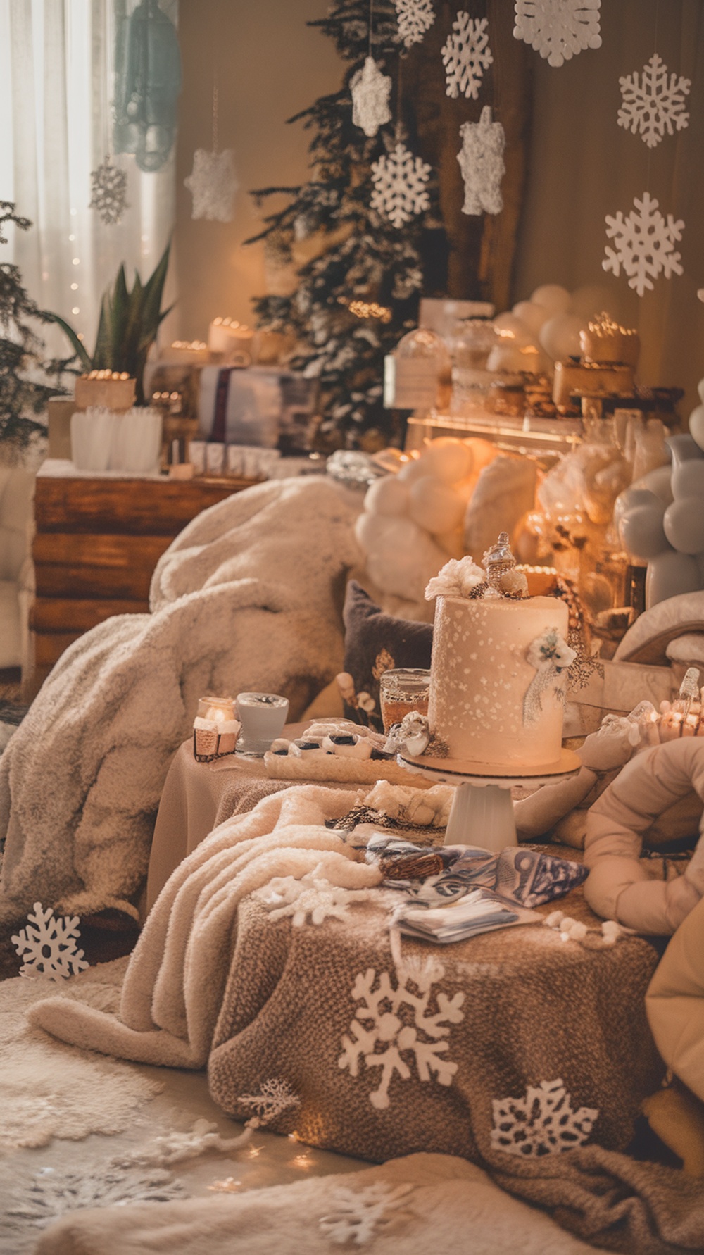 Cozy winter-themed baby shower setup with blankets, snowflakes, and a cake.