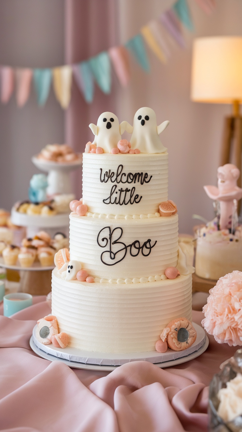 Three-tier baby shower cake with white fondant ghost toppers and 'Welcome Little Boo' written in script.