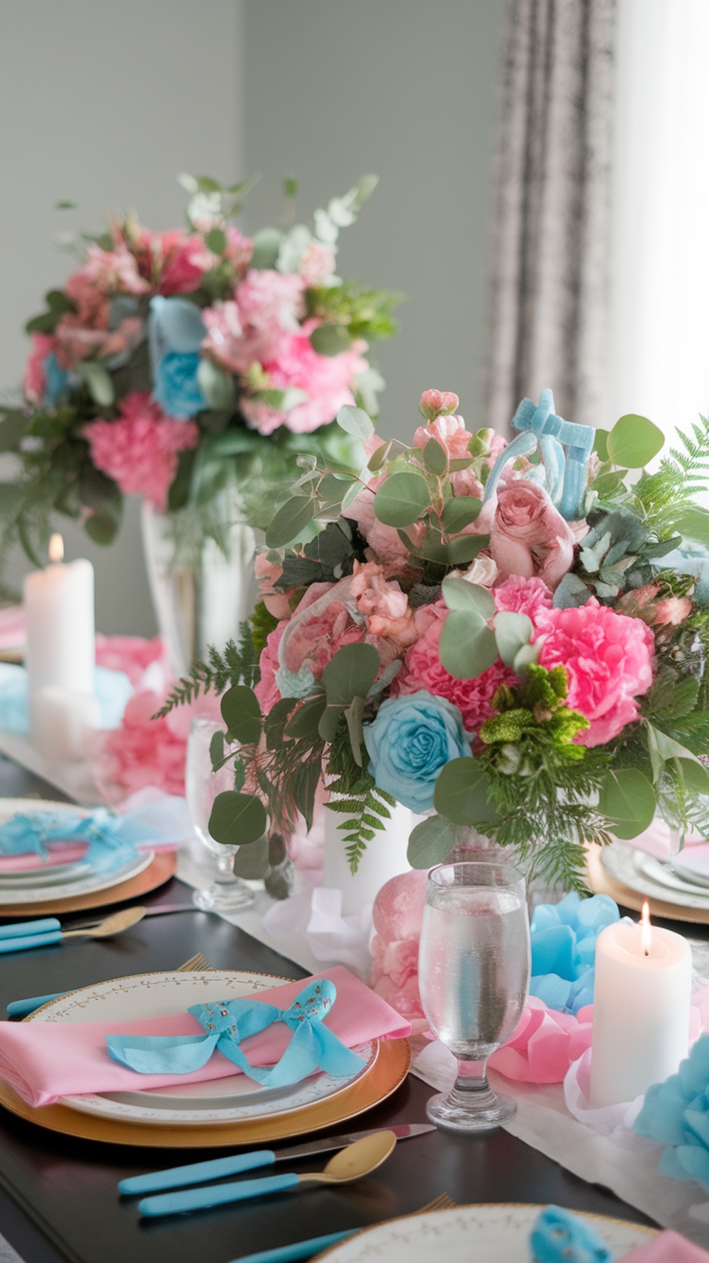 Beautiful floral centerpieces with pink and blue flowers at a baby shower table setting.