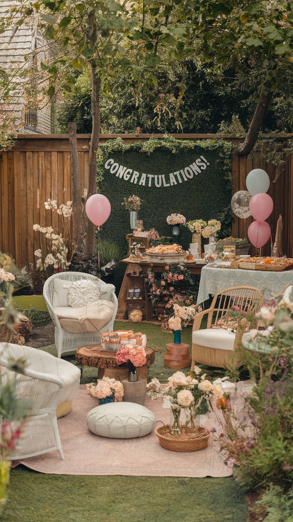 A charming outdoor garden setting for a baby shower, featuring cozy seating, flowers, and decorations.