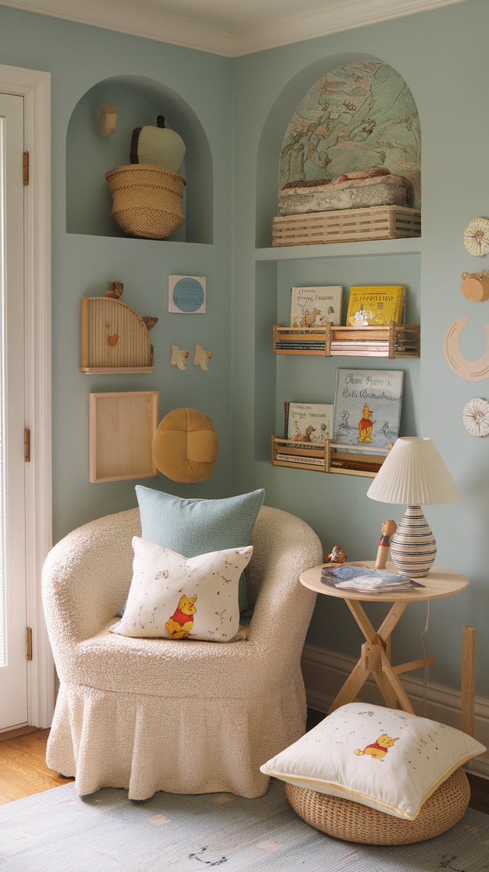 A cozy reading corner featuring Winnie the Pooh decorations, books, and soft furnishings.