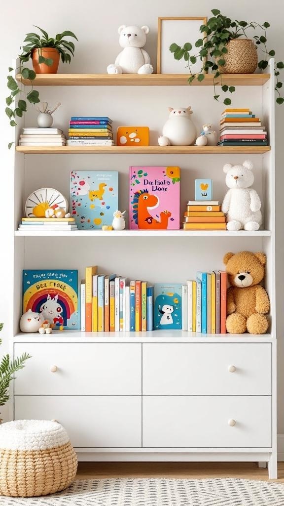 A beautifully styled nursery shelf with colorful books, plush toys, and plants.