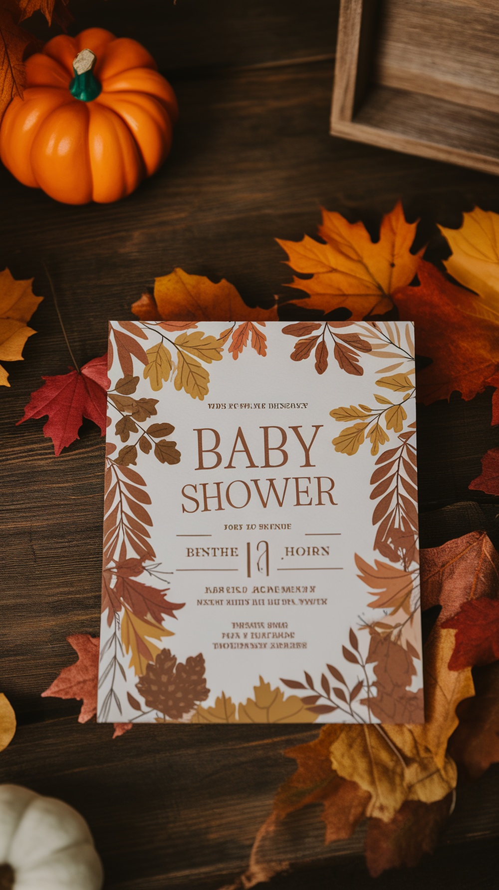 A cozy autumn-themed baby shower invitation surrounded by fall leaves and a pumpkin.