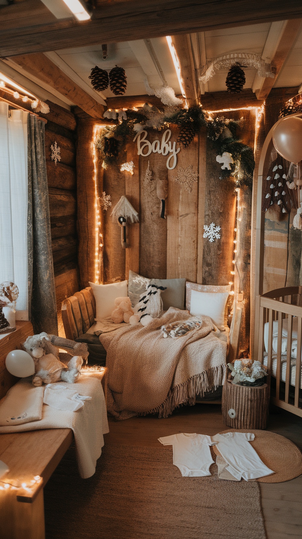 Cozy cabin baby shower setup with warm lighting and natural decorations.
