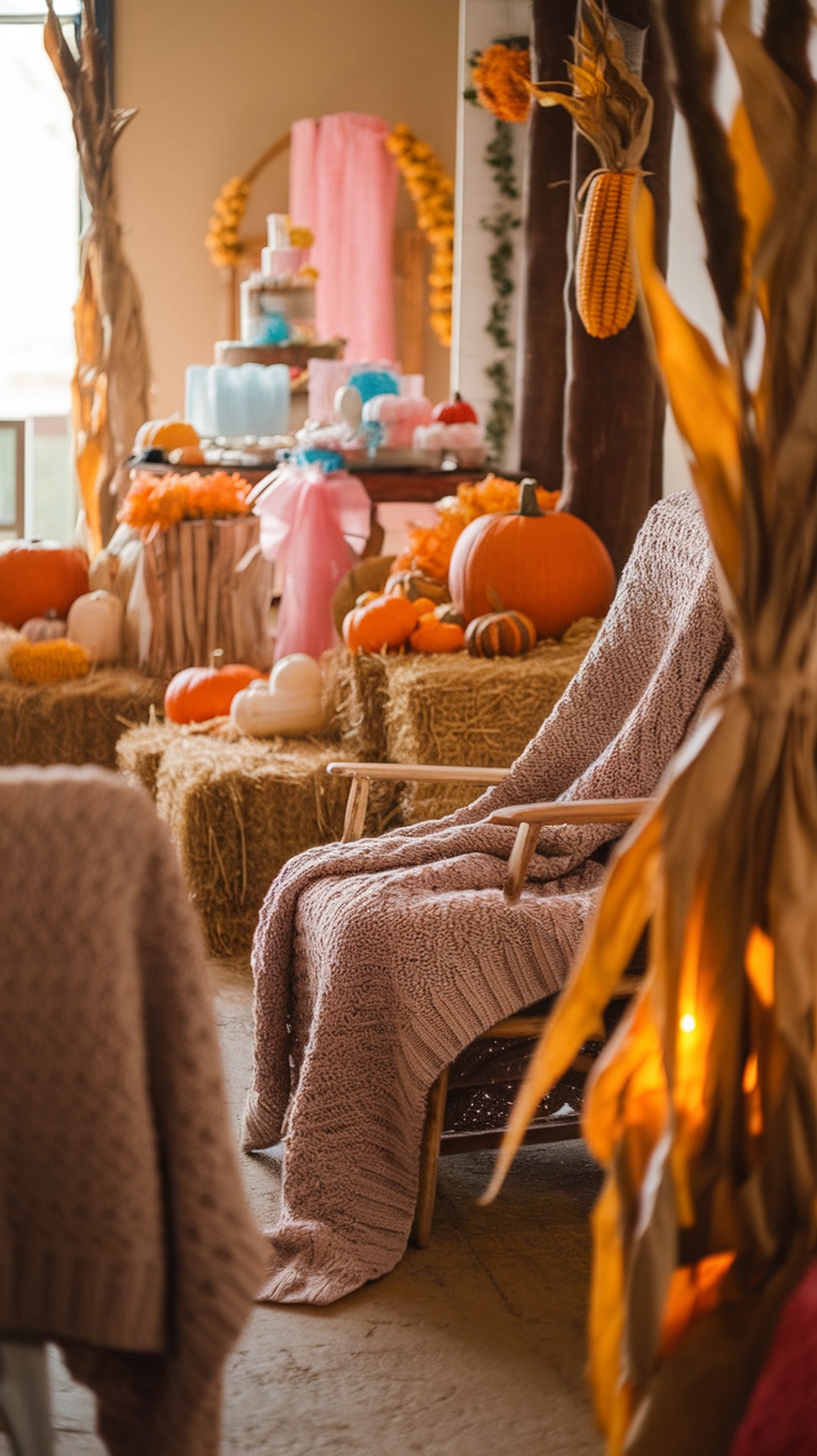 Cozy knit blankets draped over a chair in a fall-themed setting with pumpkins and decorations.