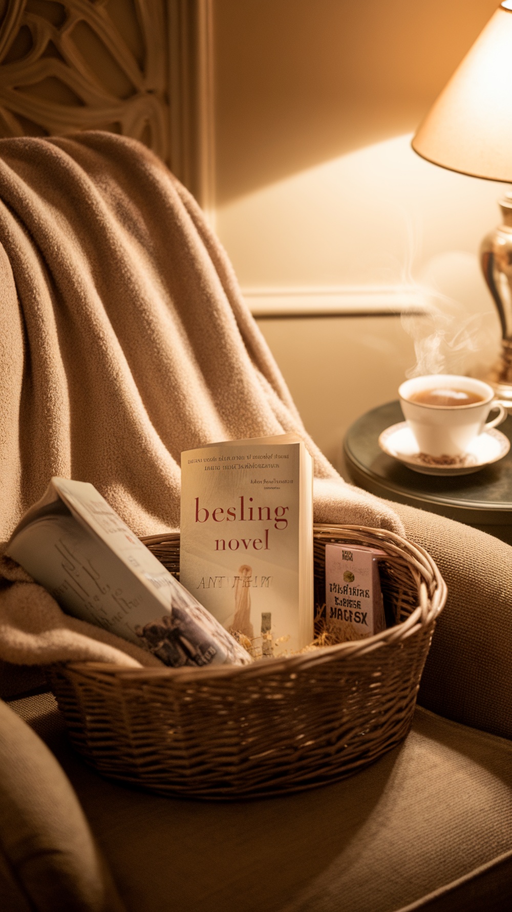 Cozy reading nook with a basket of books and a warm drink.