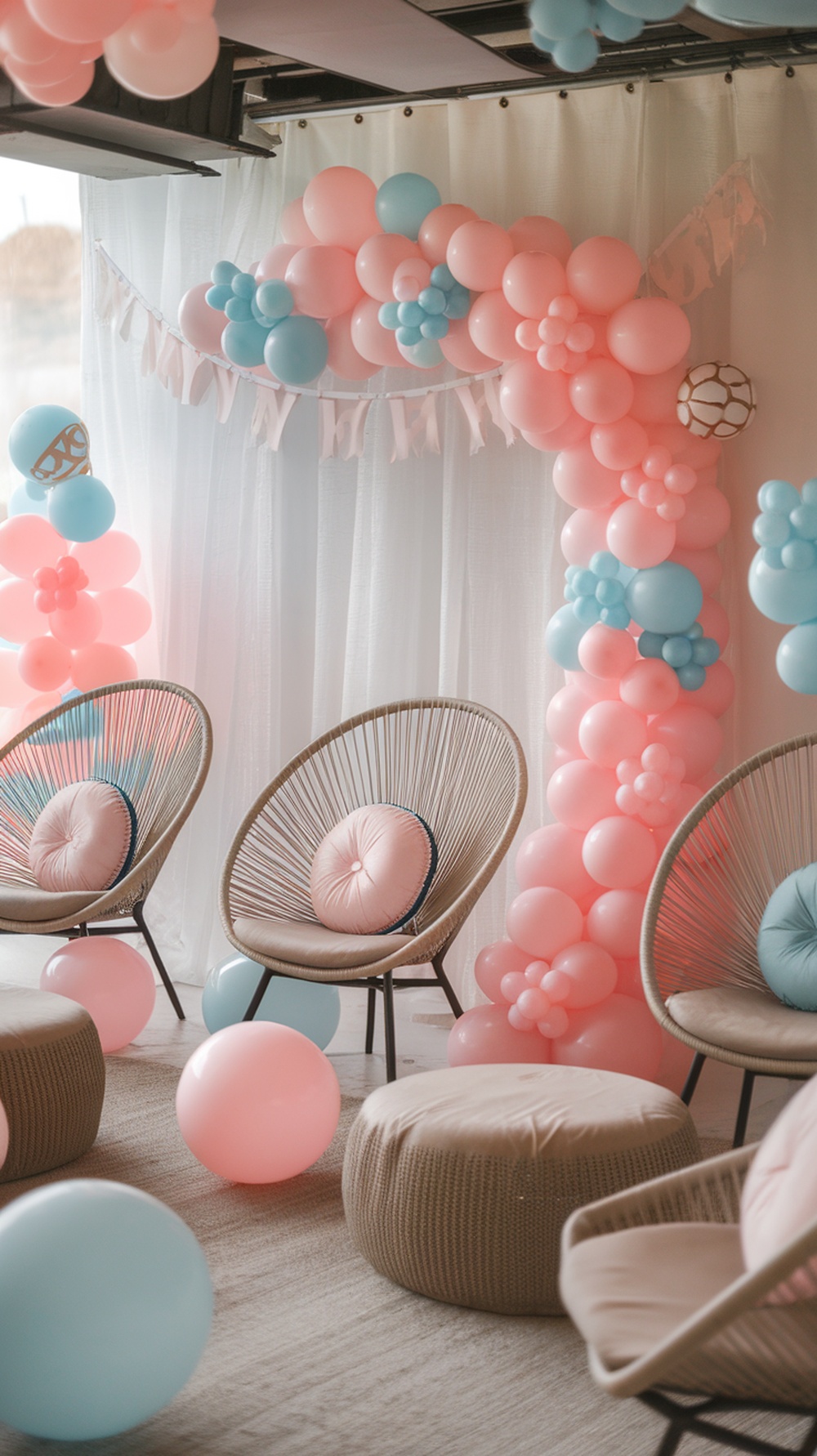 Cozy seating area with balloons and cushions for a baby shower
