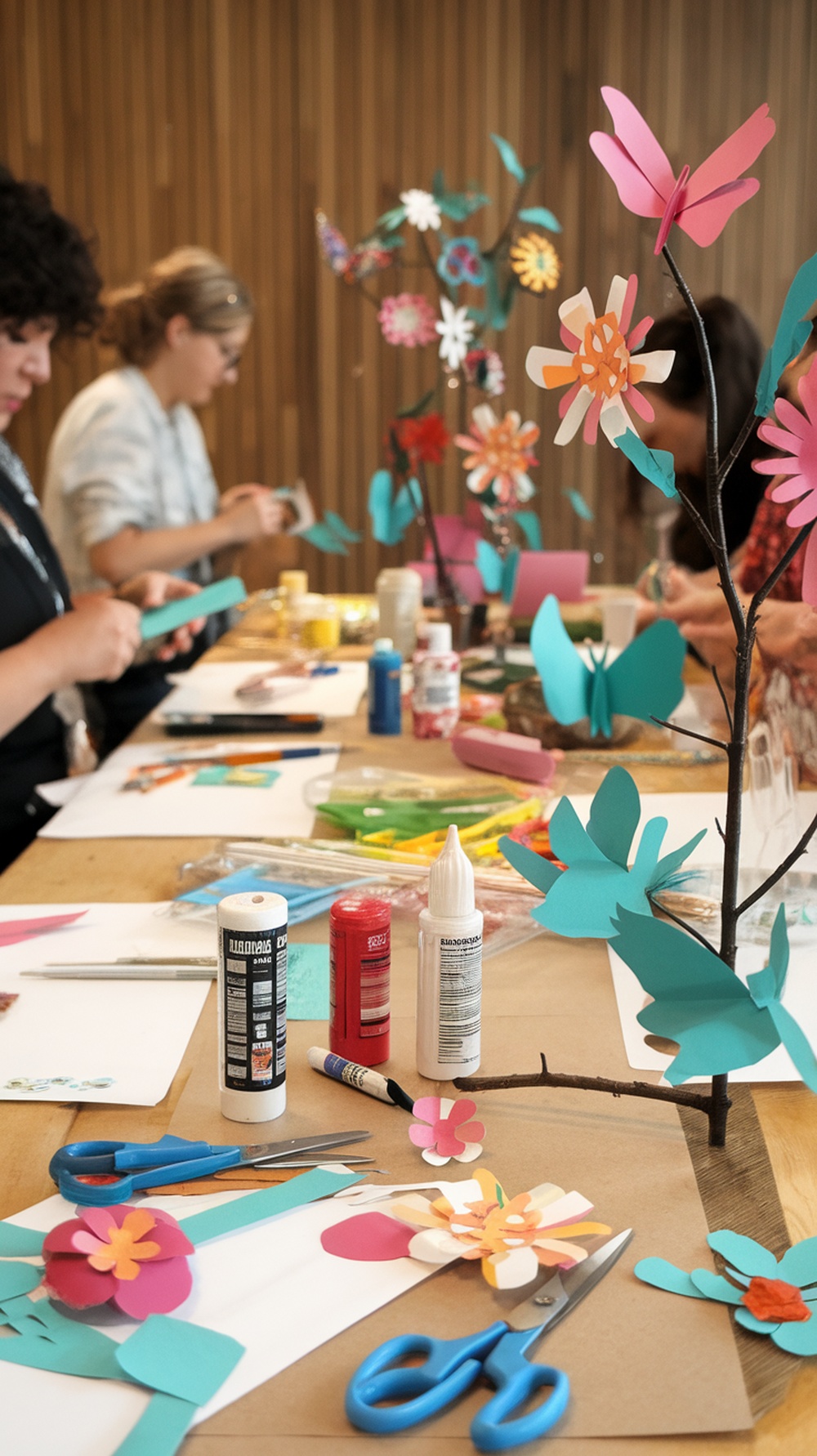 Women participating in a crafting workshop with colorful paper flowers and crafting supplies.